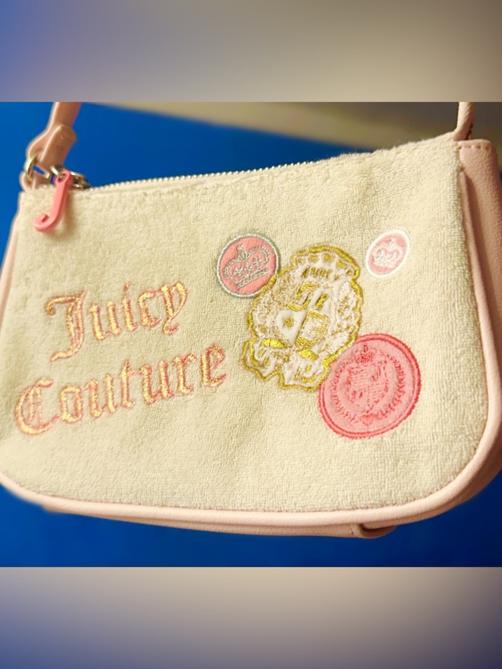Juicy Couture Cream and Pink Embroidered Wristlet